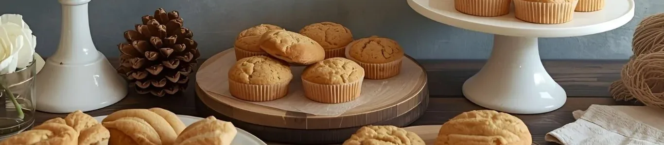 Poppy and Blue muffins and scones on cake stands and a wooden board