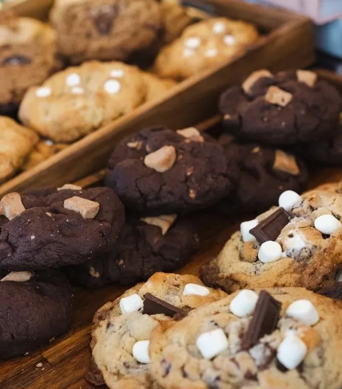 Close-up of Poppy and Blue chocolate, cocoa, and s'more cookies on a wooden board