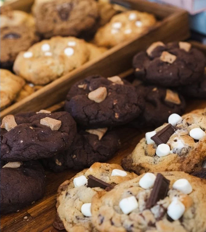 A tray filled with assorted handmade chocolate and marshmallow cookies