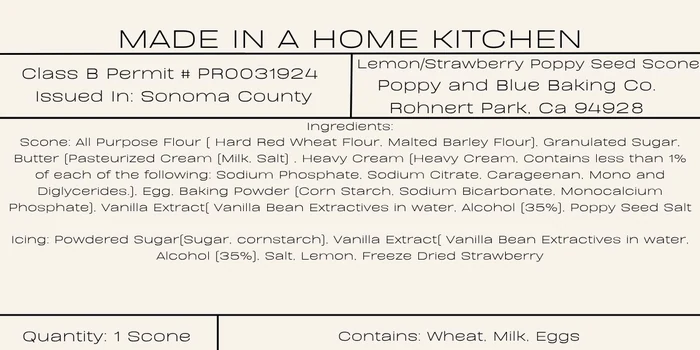 Example &lsquo;Made in a Home Kitchen&rsquo; ingredient and allergen label for a poppy seed scone